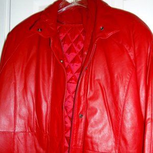 NWT Red 3/4 length leather coat with removable quilted liner